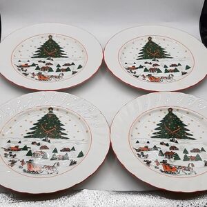 Set of 4 Like New Kopin Christmas Pleasure Scalloped Red Trim Salad Plates